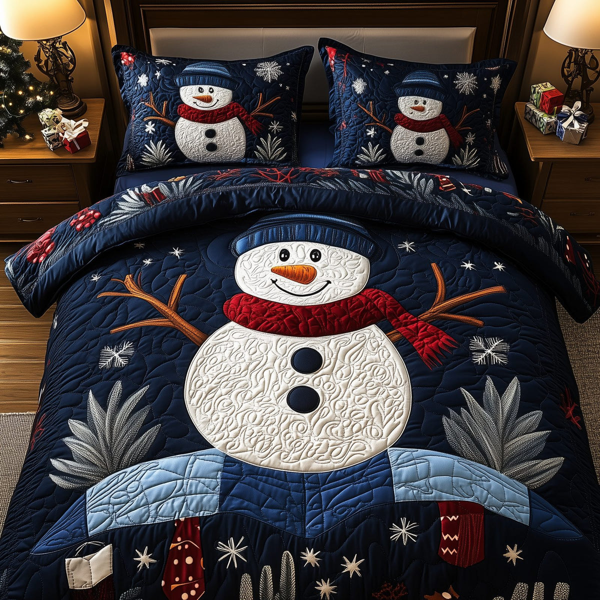 Cheerful Snowman quilted 3-piece bedding set on a made bed in a winter-styled bedroom