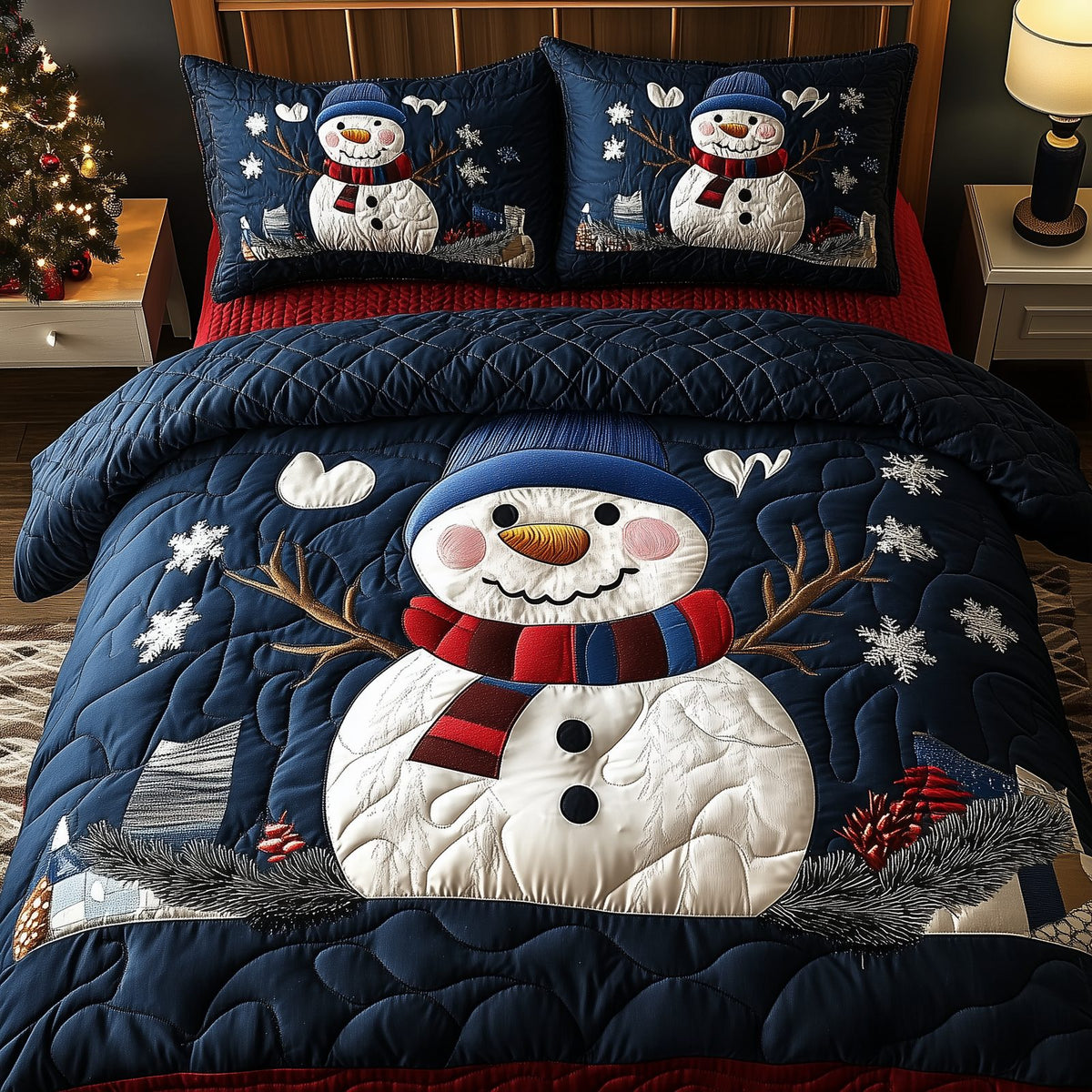 Cheerful Snowman quilted 3-piece bedding set on a made bed in a winter-styled bedroom