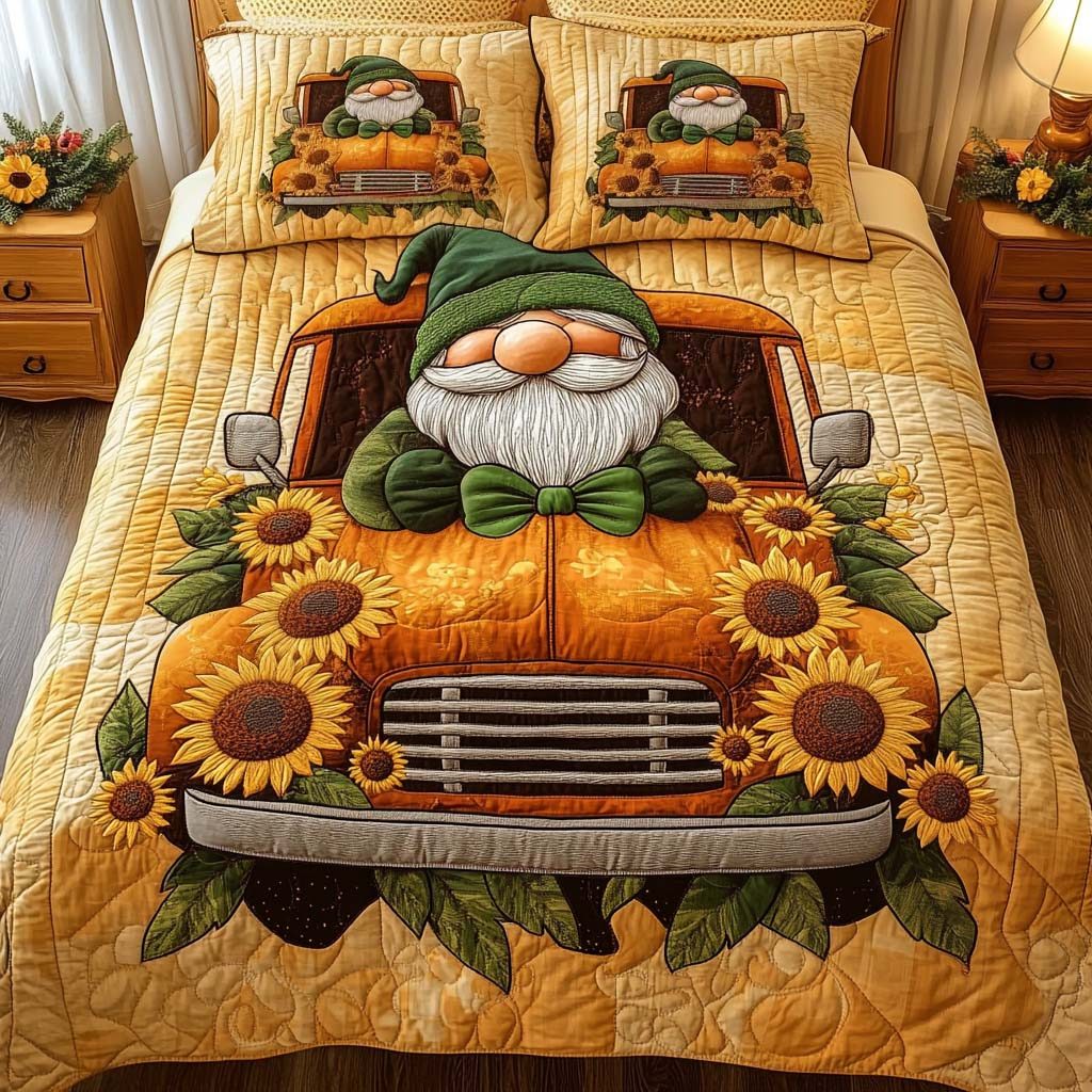 Cheerful Truck quilted 3-piece bedding set on a made bed with two matching pillow shams