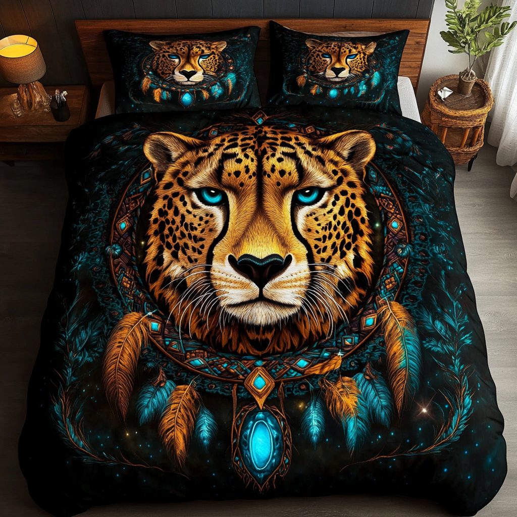 Cheetah Chase quilted 3-piece bedding set on a made bed with two matching pillow shams