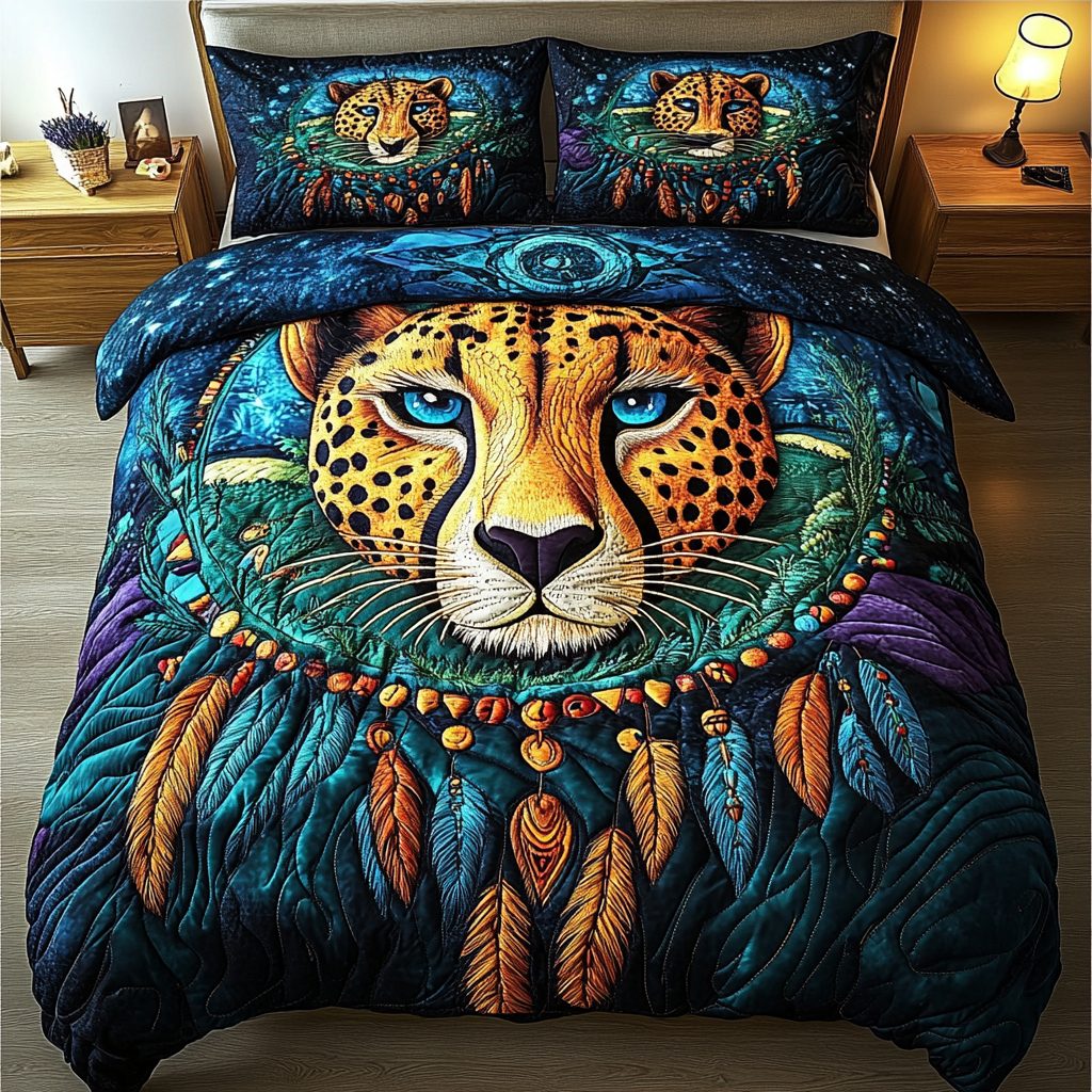 Cheetah Sprint quilted 3-piece bedding set on a made bed with two matching pillow shams