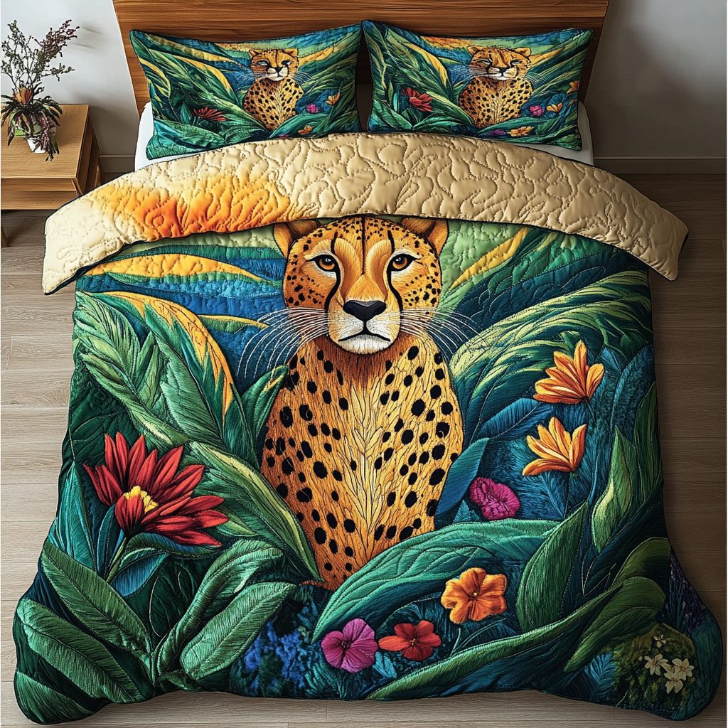 Cheetah Stride quilted 3-piece bedding set on a made bed with two matching pillow shams
