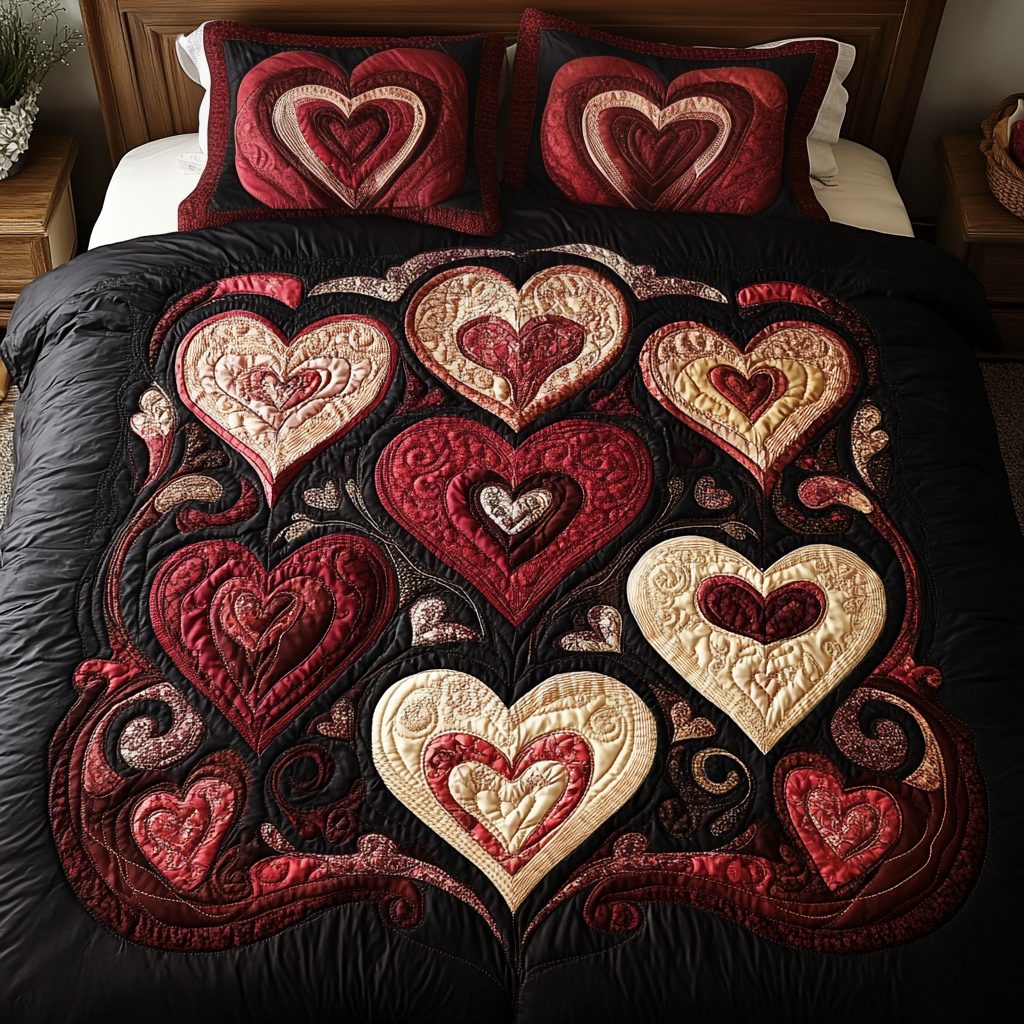 Cherished Bloom quilted 3-piece bedding set on a made bed with two matching pillow shams