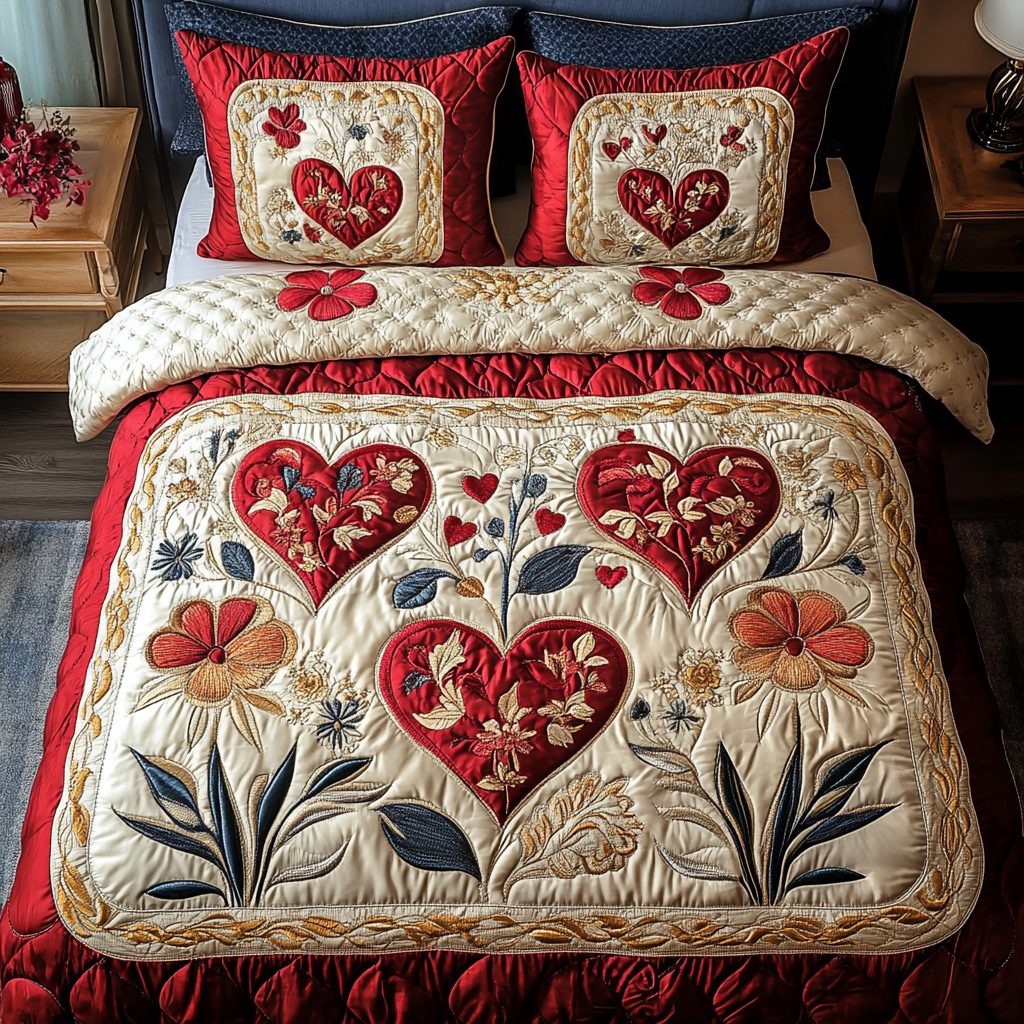 Cherished Dreams quilted 3-piece bedding set on a made bed with two matching pillow shams