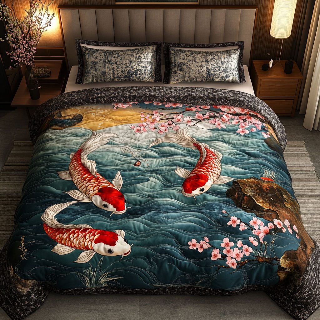 Cherry Blossom Dance quilted 3-piece bedding set on a made bed with two matching pillow shams