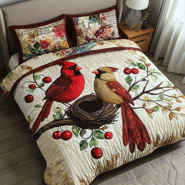 Cherry Branch quilted 3-piece bedding set on a made bed in a rustic timber bedroom
