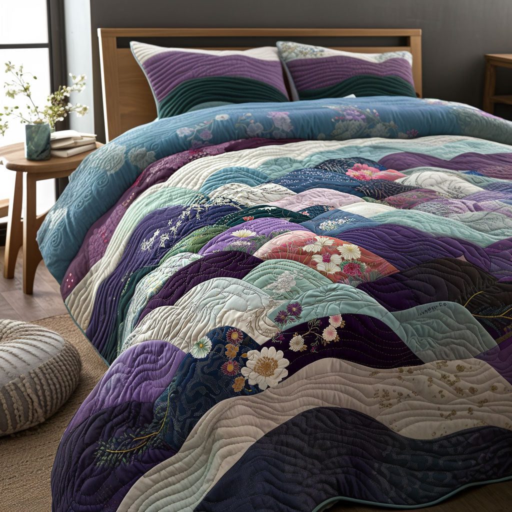Cherry Grove quilted 3-piece bedding set on a made bed with two matching pillow shams