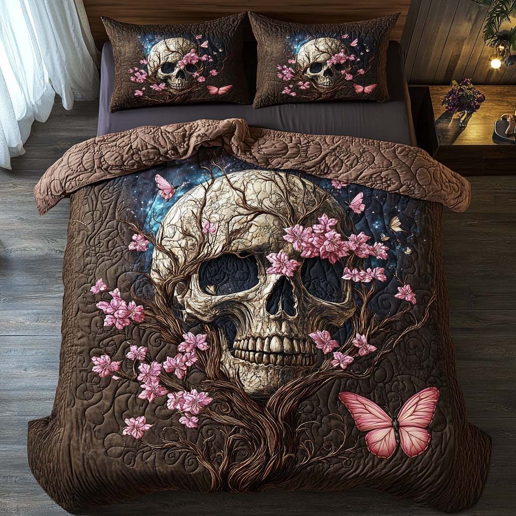 Cherry Skull Spirit quilted 3-piece bedding set on a made bed against a dark styled interior