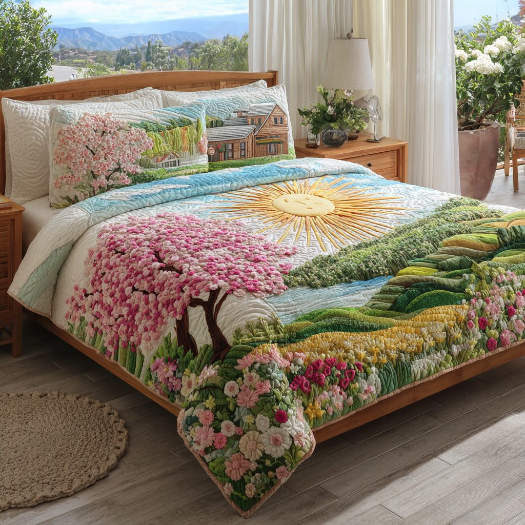 Cherry Valley quilted 3-piece bedding set on a made bed with two matching pillow shams