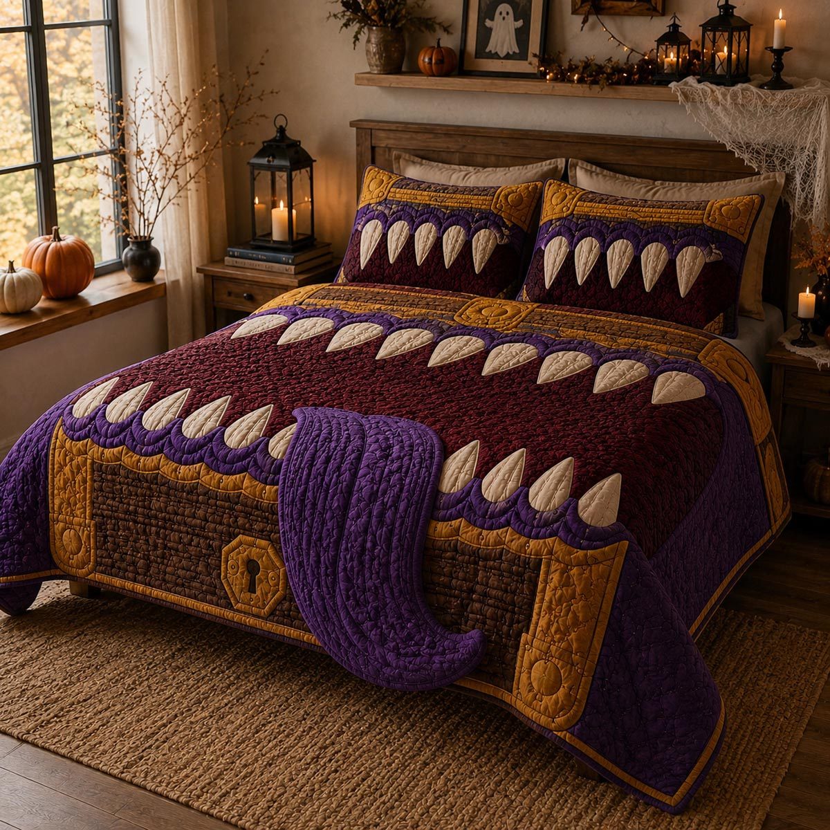 Chest Monster quilted 3-piece bedding set on a made bed with two matching pillow shams