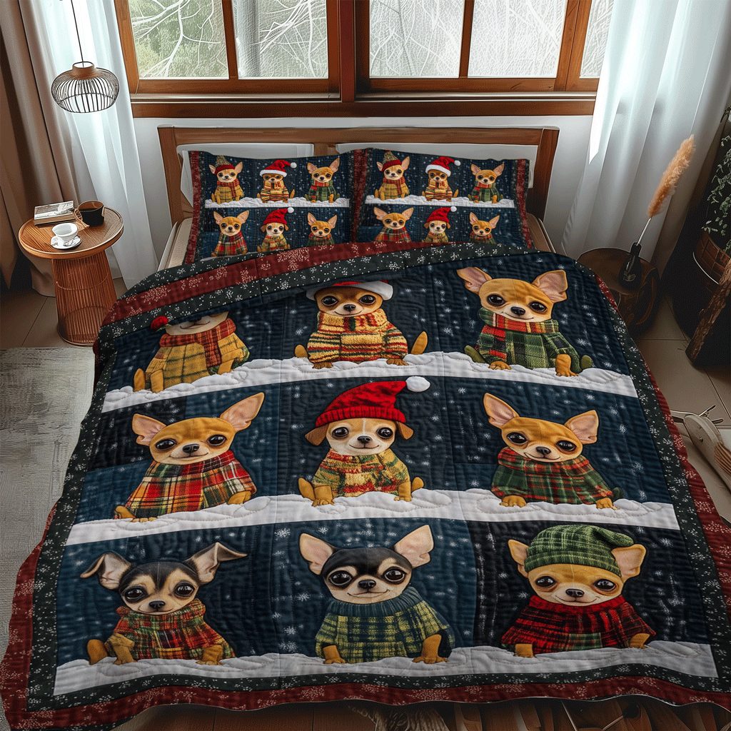 Chi Holiday Spirit quilted 3-piece bedding set on a made bed in a winter-styled bedroom