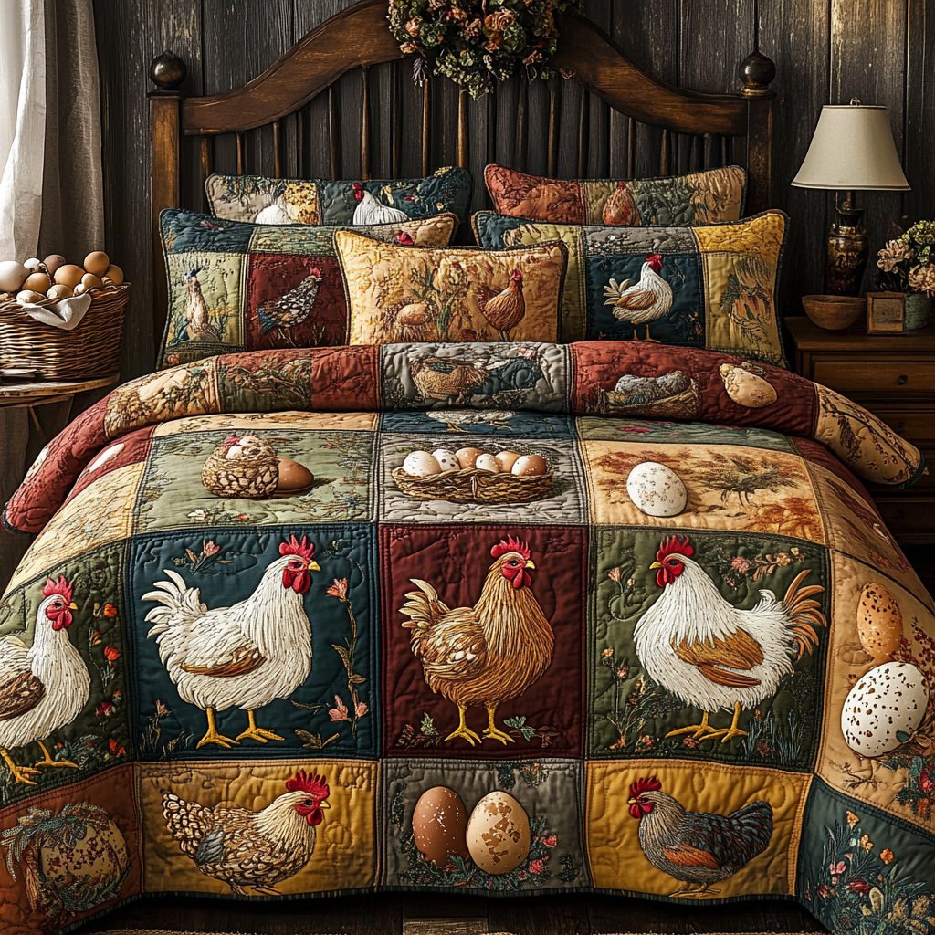 Chick Delight quilted 3-piece bedding set on a made bed with two matching pillow shams