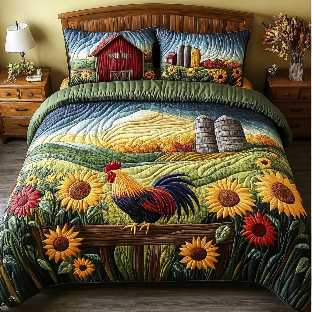 Chicken Coop quilted 3-piece bedding set on a made bed with two matching pillow shams