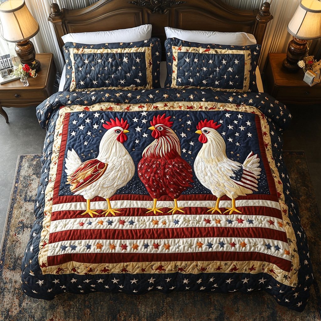 Chicken Firework quilted 3-piece bedding set on a made bed with two matching pillow shams