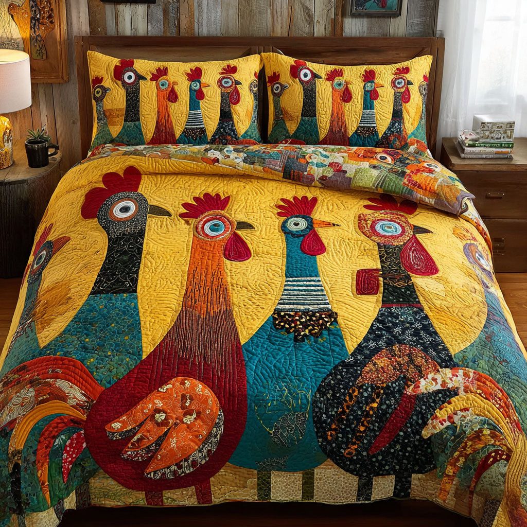 Chicken Gathering quilted 3-piece bedding set on a made bed with two matching pillow shams