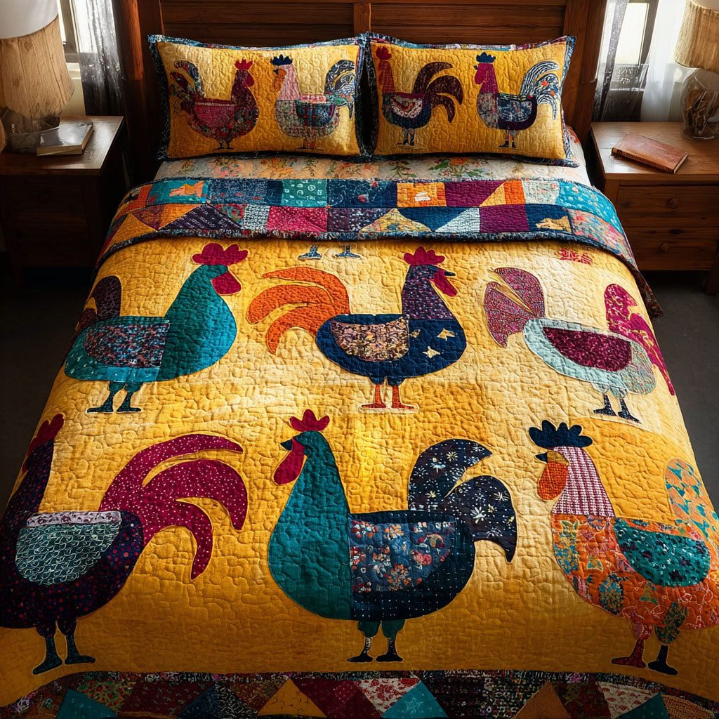 Chicken Harmony quilted 3-piece bedding set on a made bed with two matching pillow shams