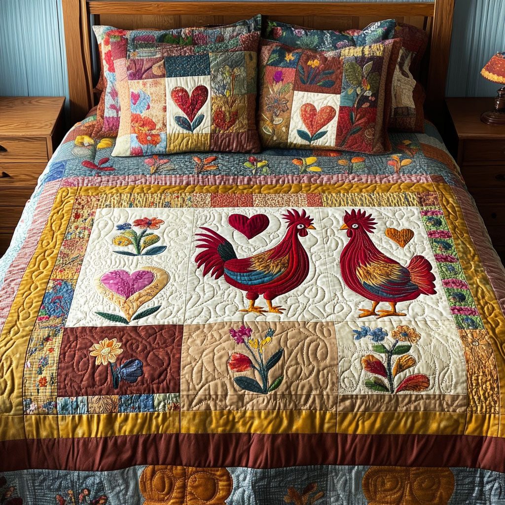 Chicken Love quilted 3-piece bedding set on a made bed with two matching pillow shams