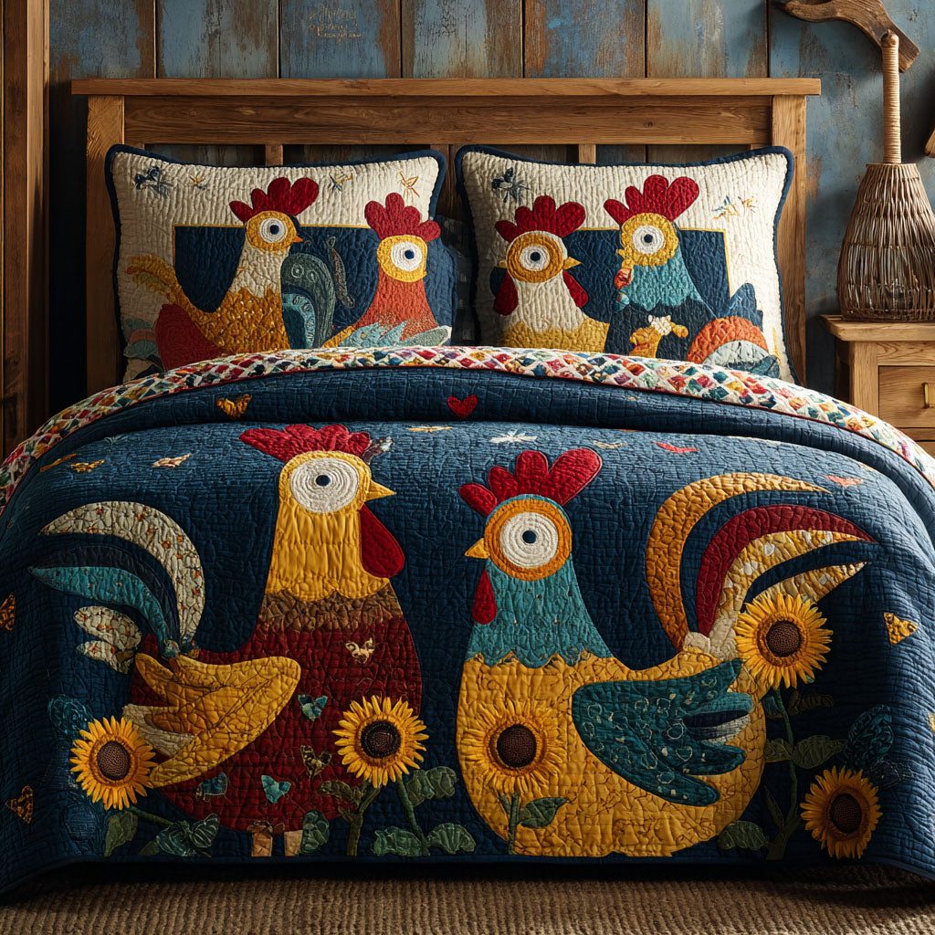Chicken Parade quilted 3-piece bedding set on a made bed with two matching pillow shams