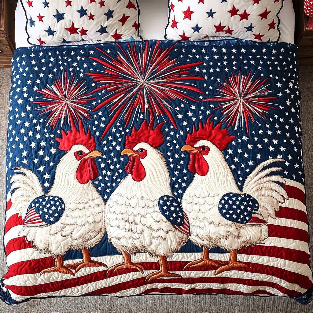 Chicken Pride quilted 3-piece bedding set on a made bed with two matching pillow shams