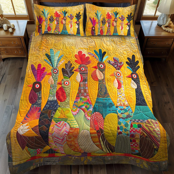 Chicken quilted 3-piece bedding set on a made bed with two matching pillow shams