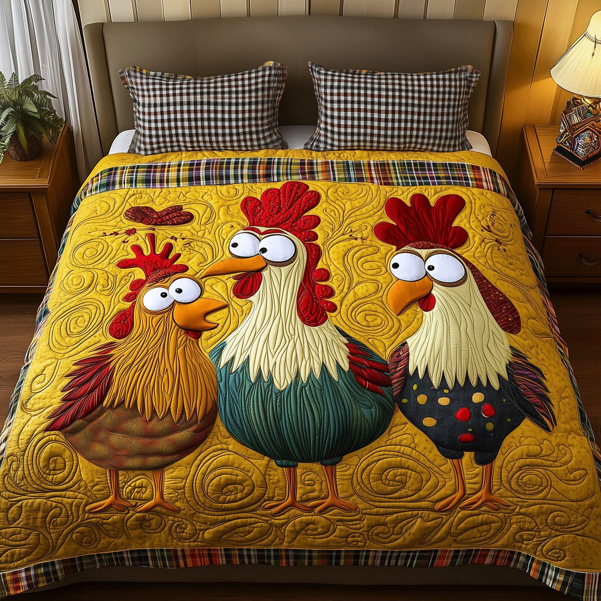 Chicken Squad quilted 3-piece bedding set on a made bed with two matching pillow shams