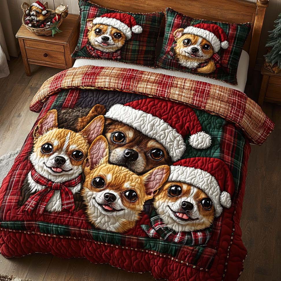 Chihuahua Merry Pack quilted 3-piece bedding set on a made bed in a winter-styled bedroom