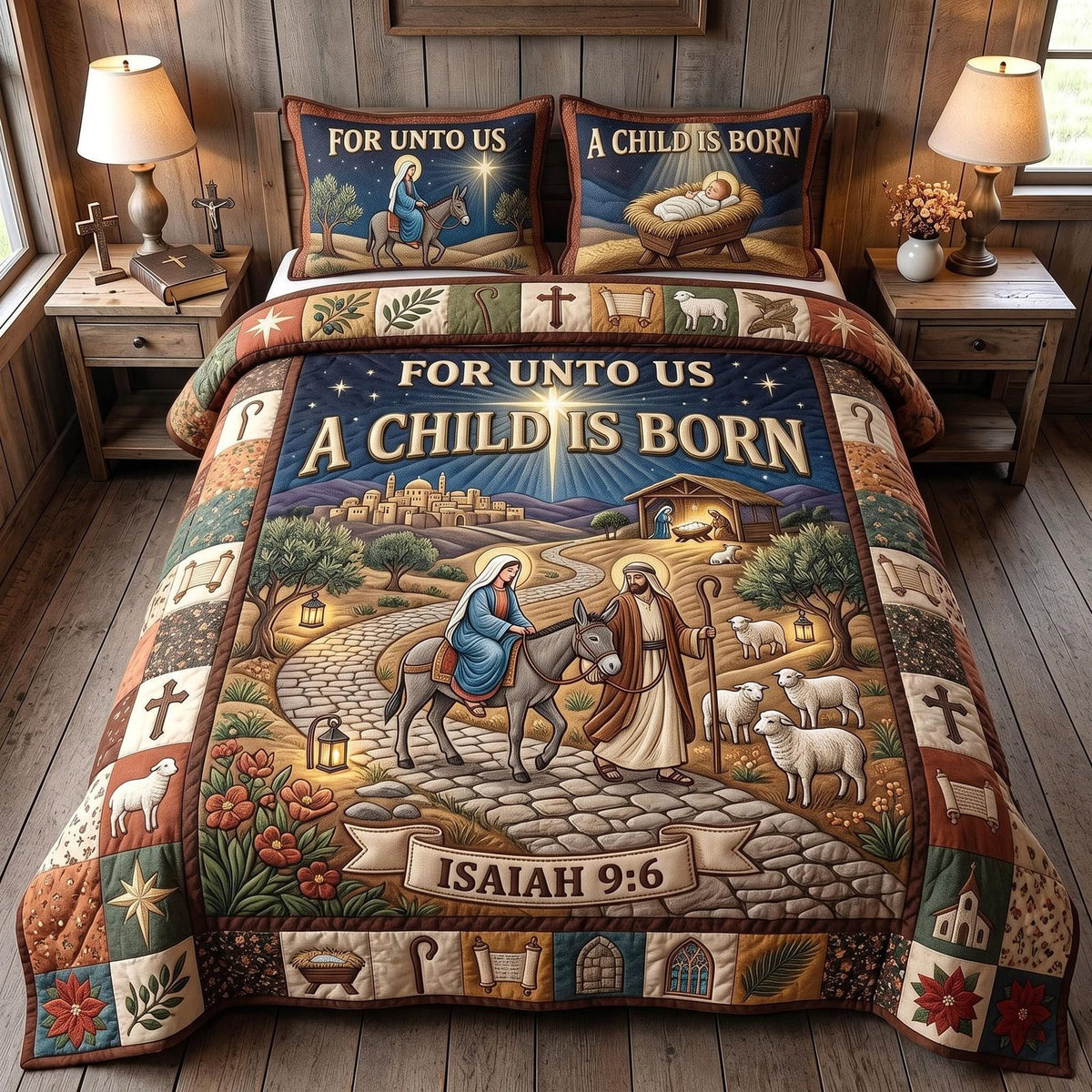 Child Is Born quilted 3-piece bedding set on a made bed with two matching pillow shams