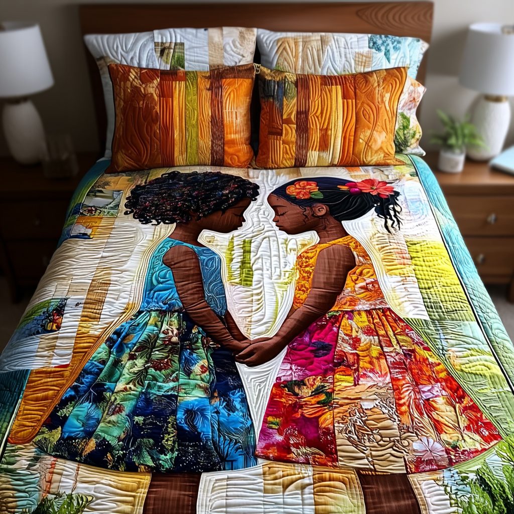 Childhood Bond quilted 3-piece bedding set on a made bed with two matching pillow shams