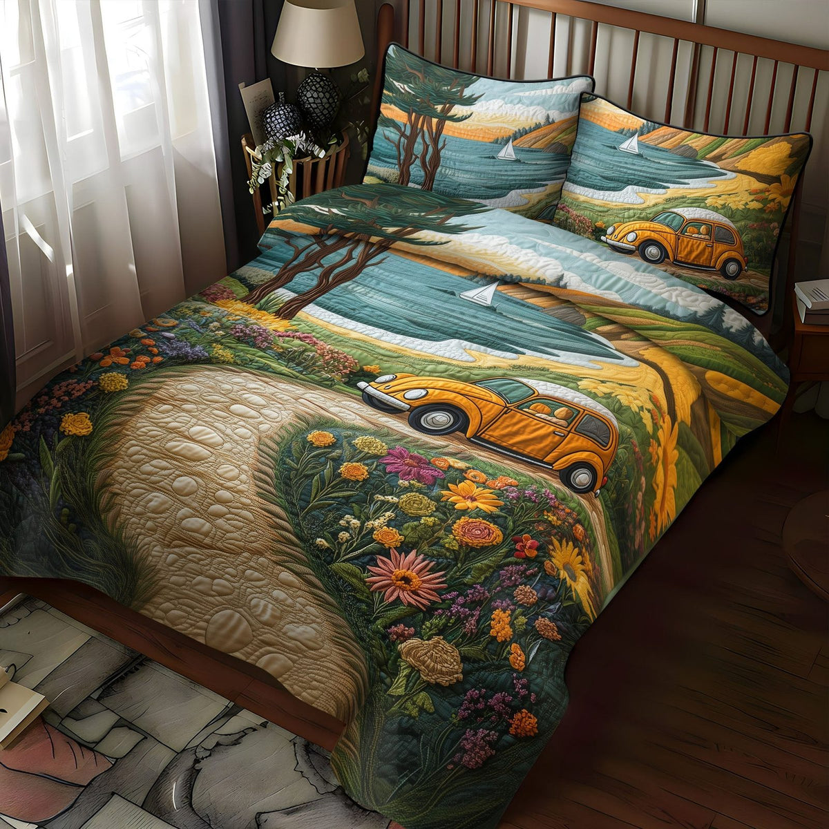 Chill Bug Journey quilted 3-piece bedding set on a made bed with two matching pillow shams