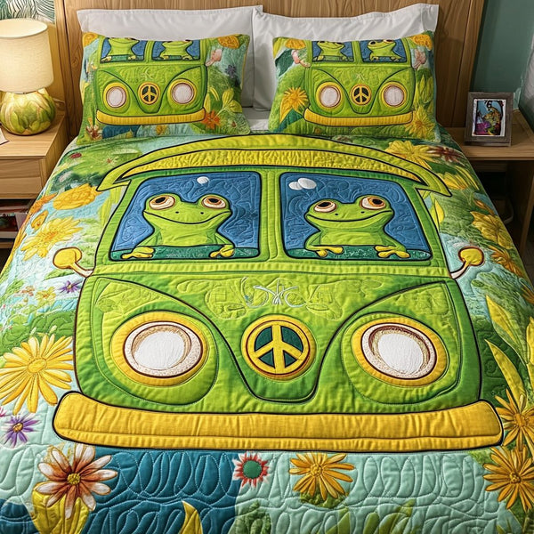 Chill Van quilted 3-piece bedding set on a made bed with two matching pillow shams