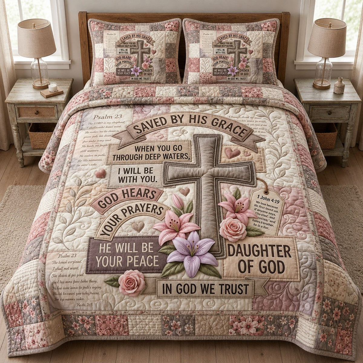 Christian Bible Verse quilted 3-piece bedding set on a made bed in a softly lit bedroom