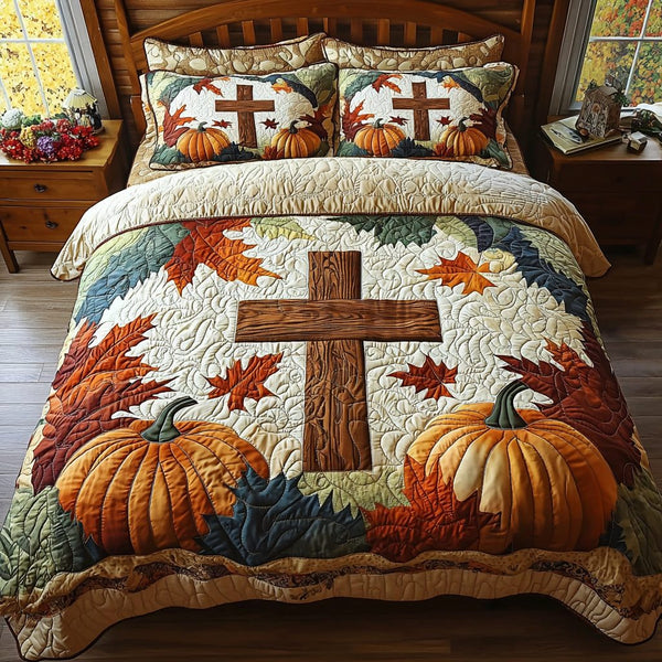 Christian Cross Autumn quilted 3-piece bedding set on a made bed in a softly lit bedroom