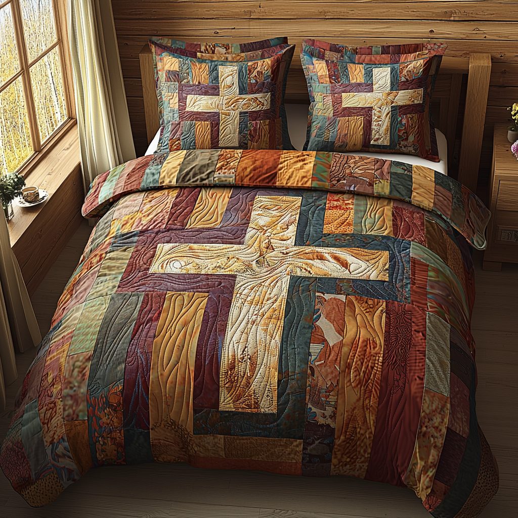 Christian Cross Blessings quilted 3-piece bedding set on a made bed in a softly lit bedroom