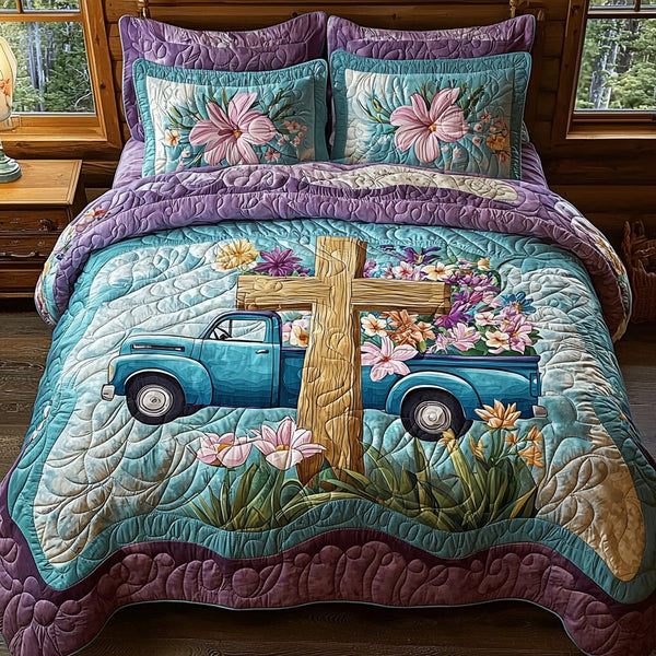 Christian Cross Bloom quilted 3-piece bedding set on a made bed in a softly lit bedroom