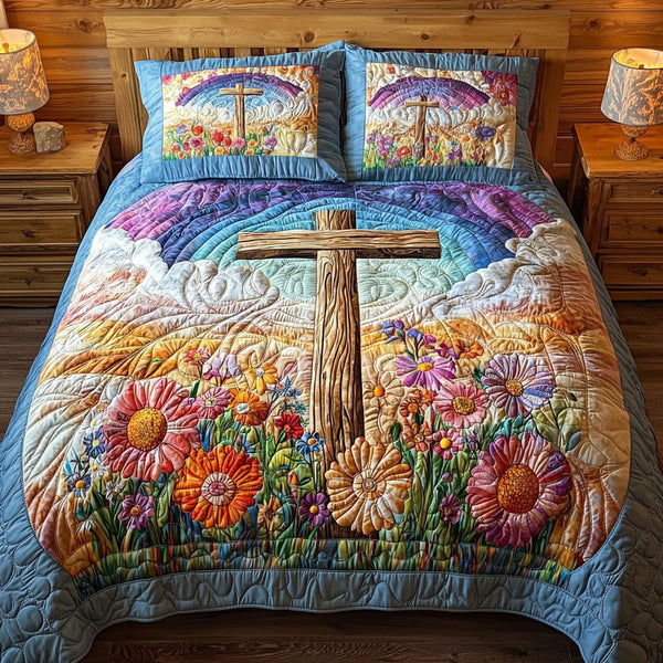 Christian Cross Glory quilted 3-piece bedding set on a made bed in a softly lit bedroom
