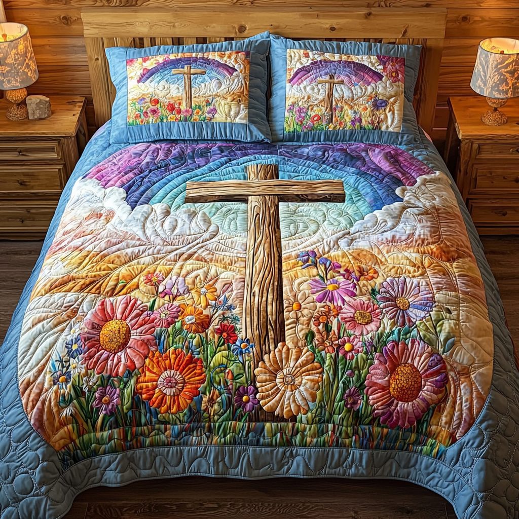 Christian Cross Glory quilted 3-piece bedding set on a made bed in a softly lit bedroom