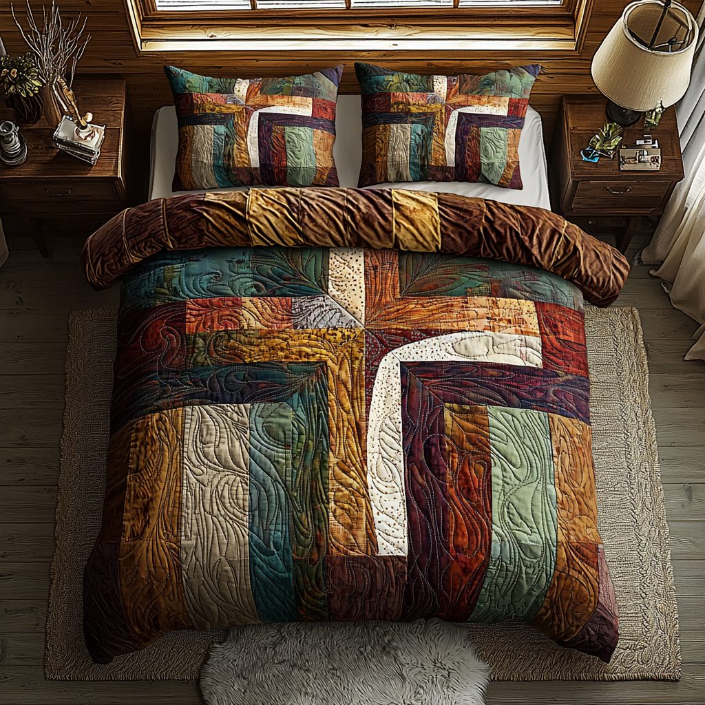 Christian Cross Guide quilted 3-piece bedding set on a made bed in a softly lit bedroom