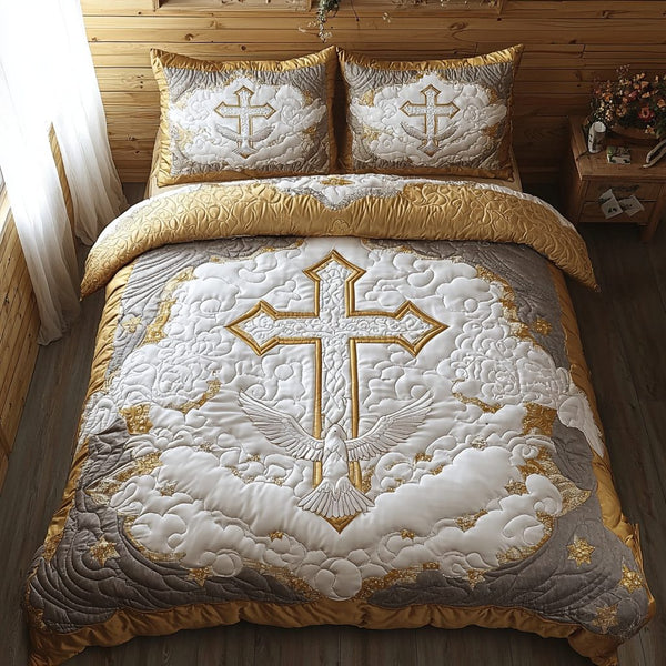 Christian Cross Hope quilted 3-piece bedding set on a made bed in a softly lit bedroom