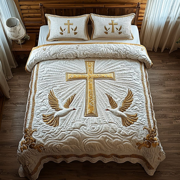 Christian Cross Light quilted 3-piece bedding set on a made bed in a softly lit bedroom