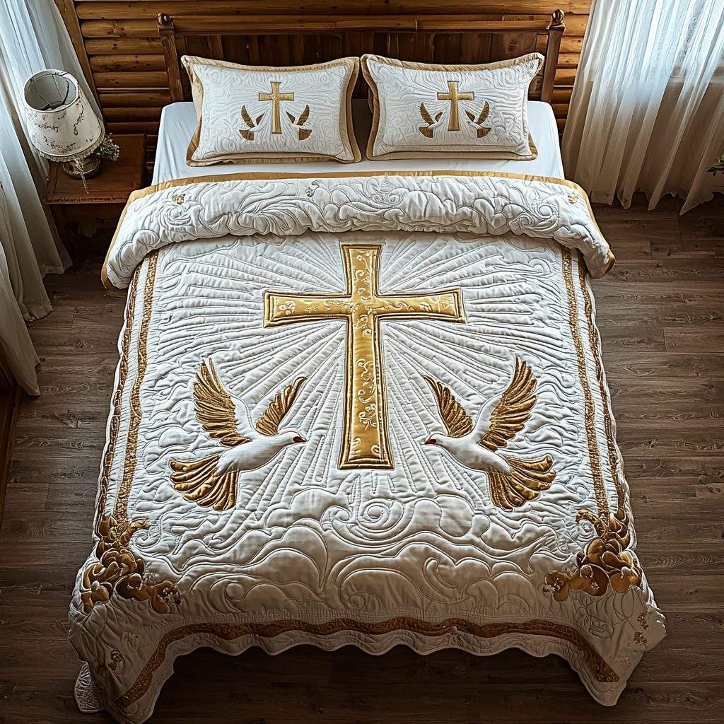 Christian Cross Light quilted 3-piece bedding set on a made bed in a softly lit bedroom