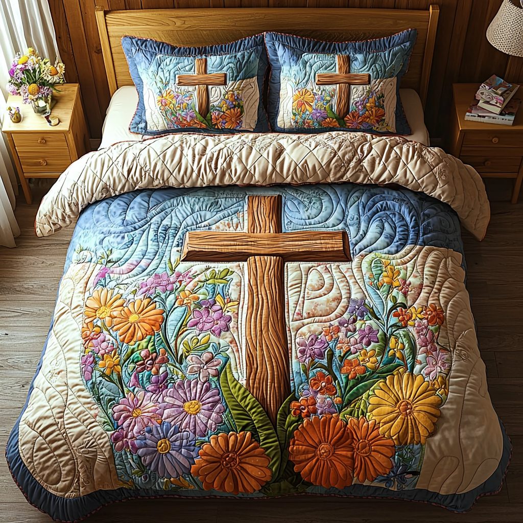 Christian Cross Path quilted 3-piece bedding set on a made bed in a softly lit bedroom