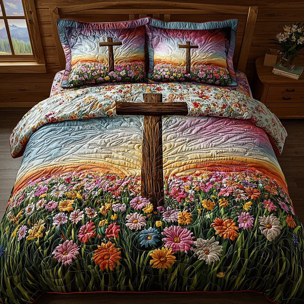 Christian Cross Peace quilted 3-piece bedding set on a made bed in a softly lit bedroom