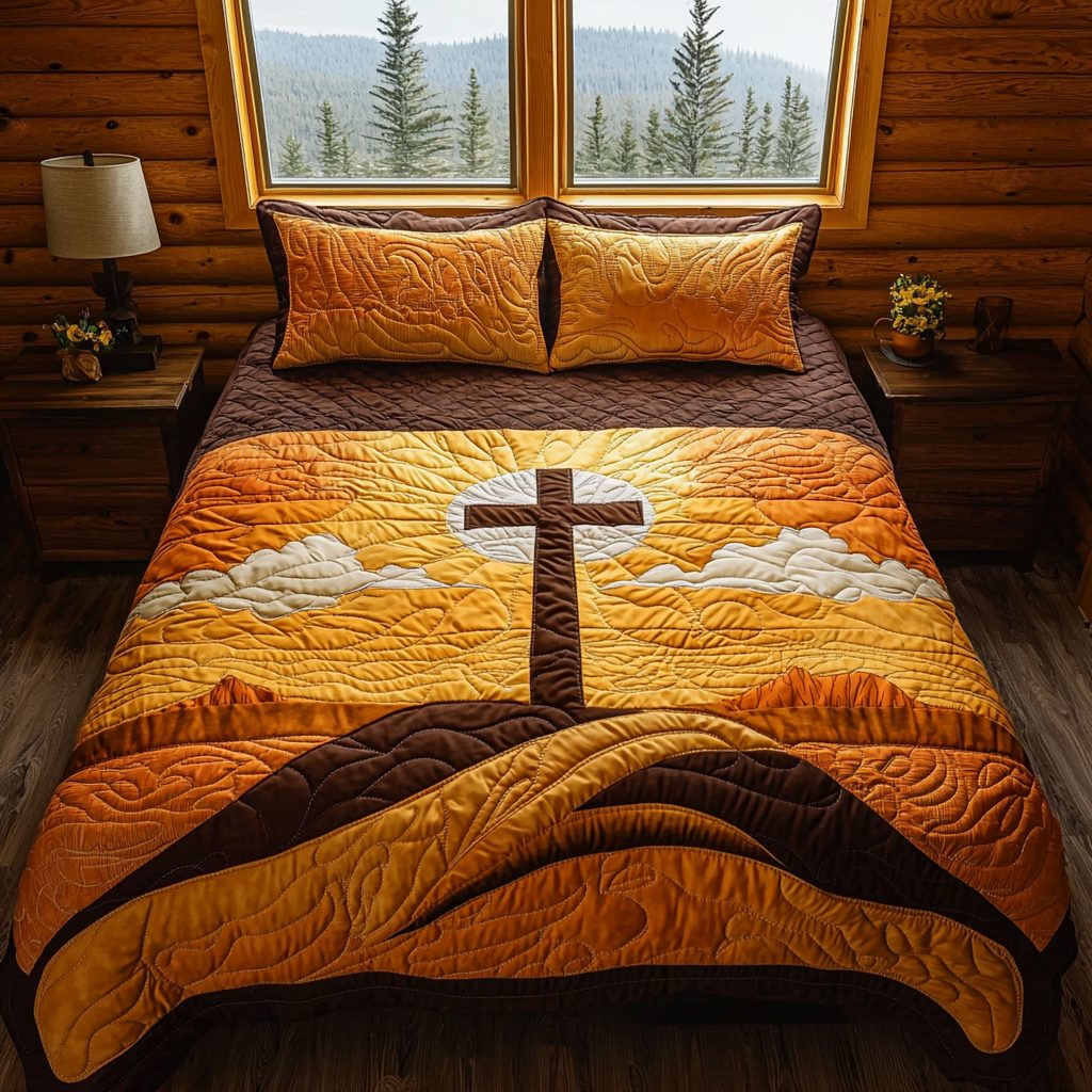 Christian Cross Valley quilted 3-piece bedding set on a made bed in a softly lit bedroom