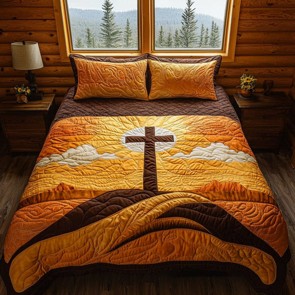 Christian Cross Valley quilted 3-piece bedding set on a made bed in a softly lit bedroom