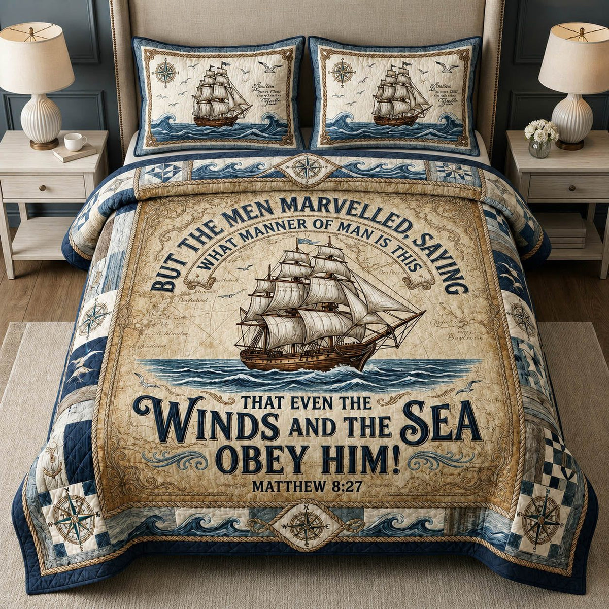 Christian Dad Nautical quilted 3-piece bedding set on a made bed in a softly lit bedroom