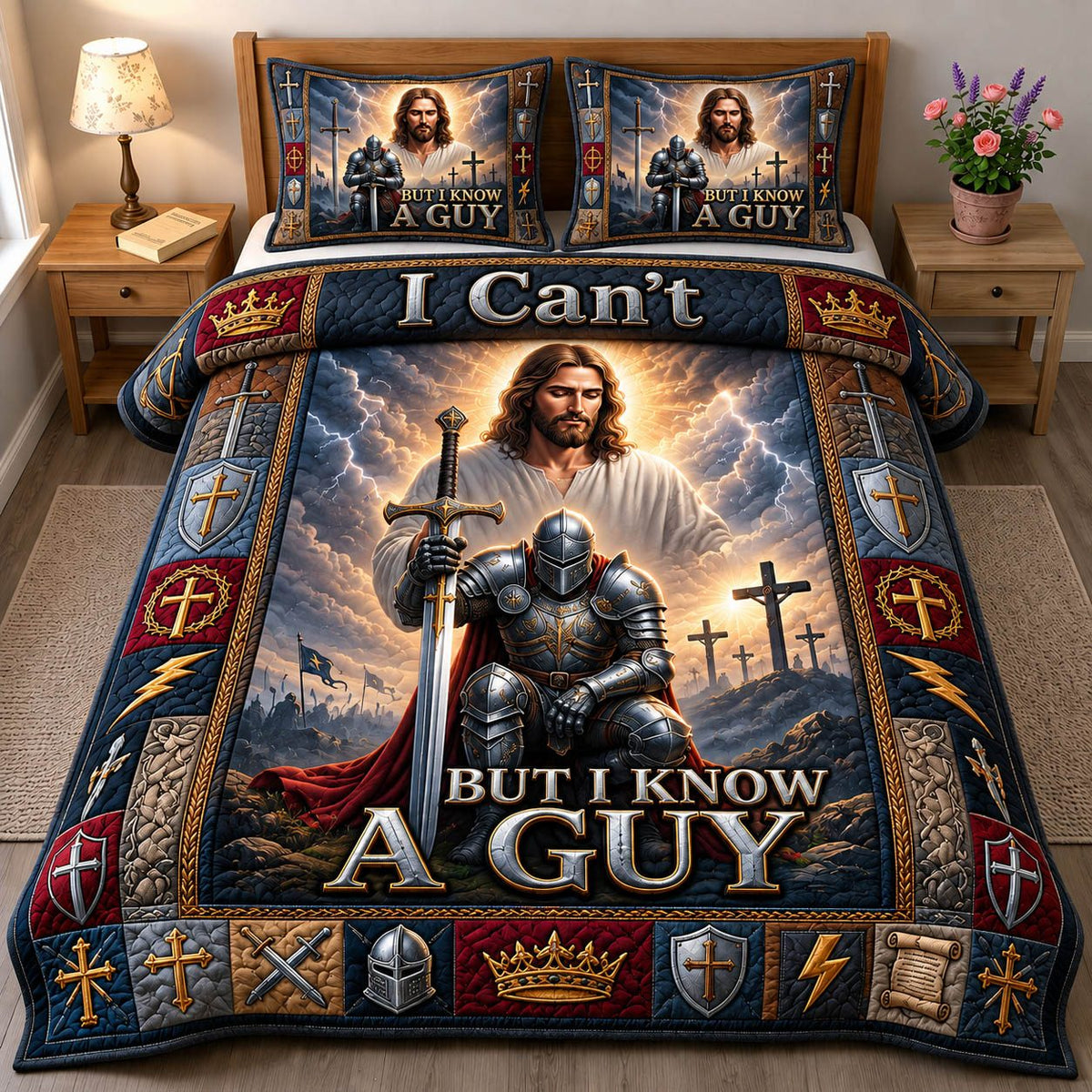Christian Faith quilted 3-piece bedding set on a made bed in a softly lit bedroom