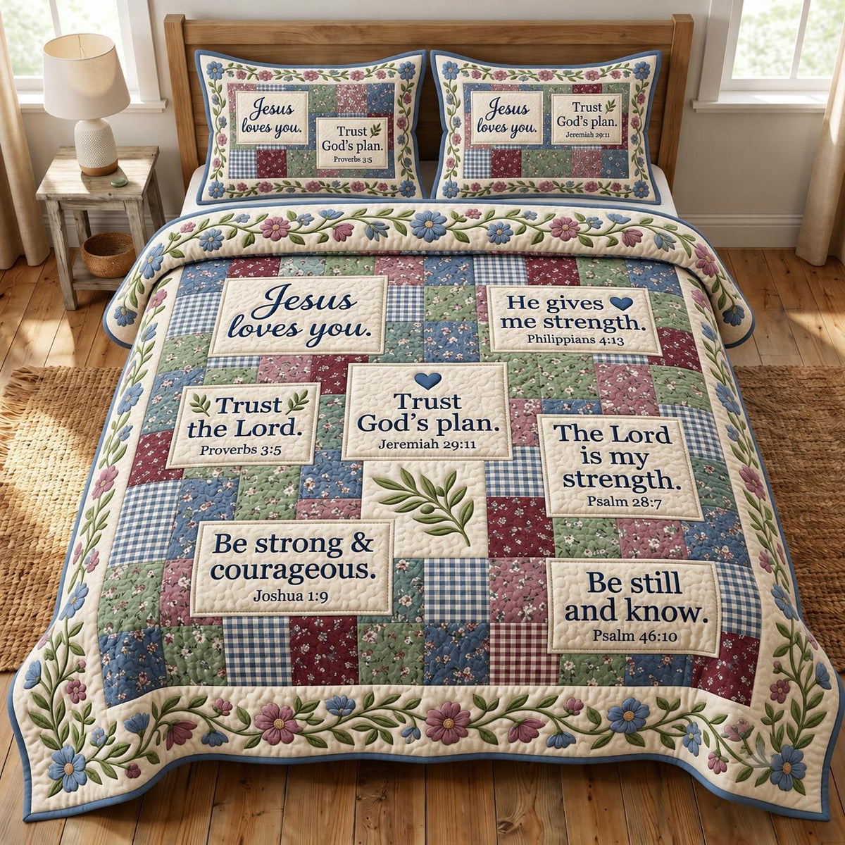 Christian Faith quilted 3-piece bedding set on a made bed in a softly lit bedroom