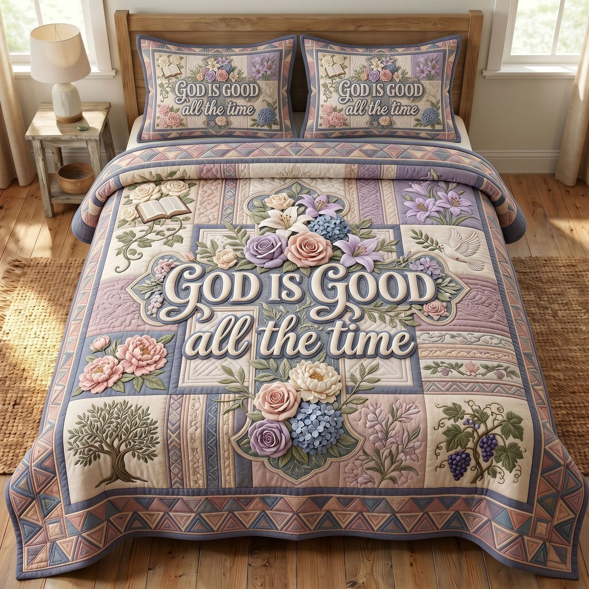Christian Faith quilted 3-piece bedding set on a made bed in a softly lit bedroom