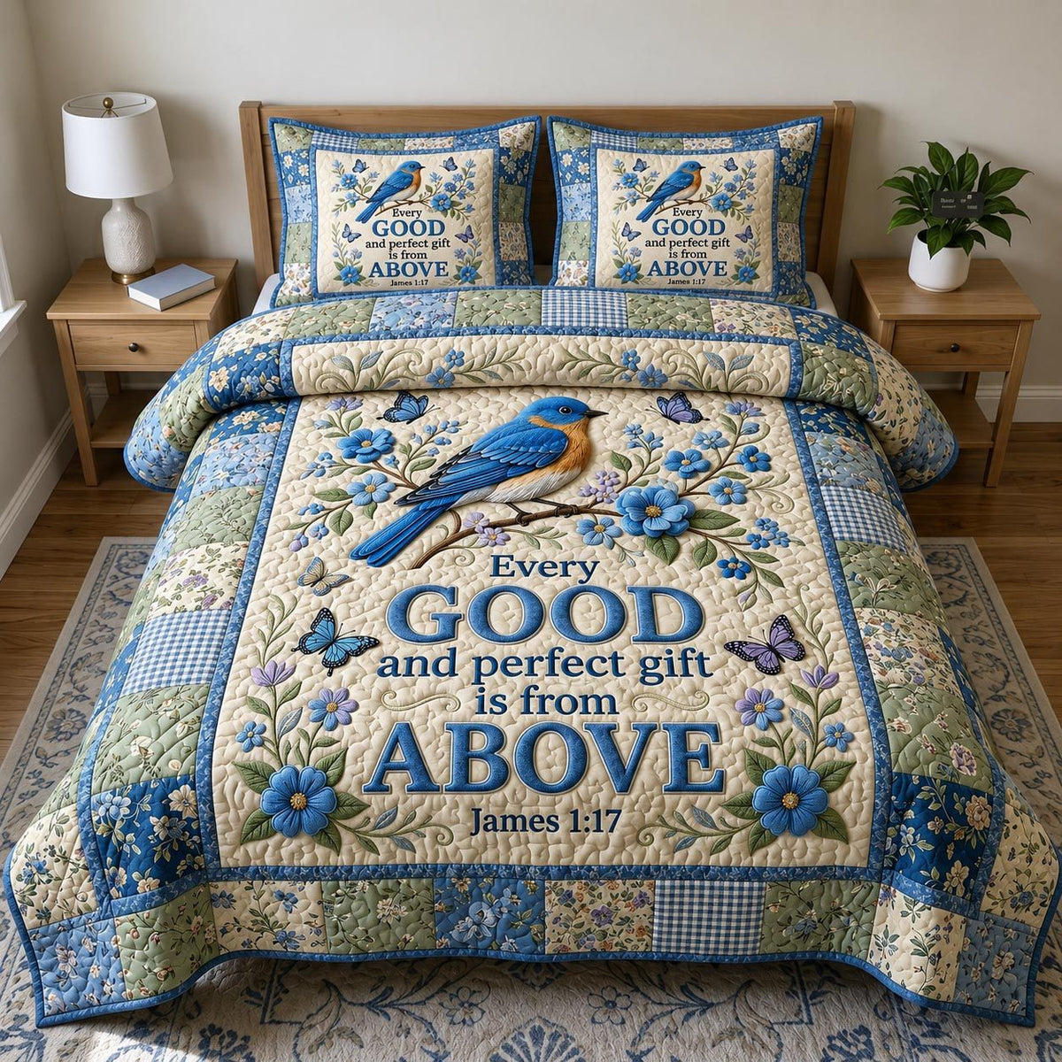 Christian Faith quilted 3-piece bedding set on a made bed in a softly lit bedroom