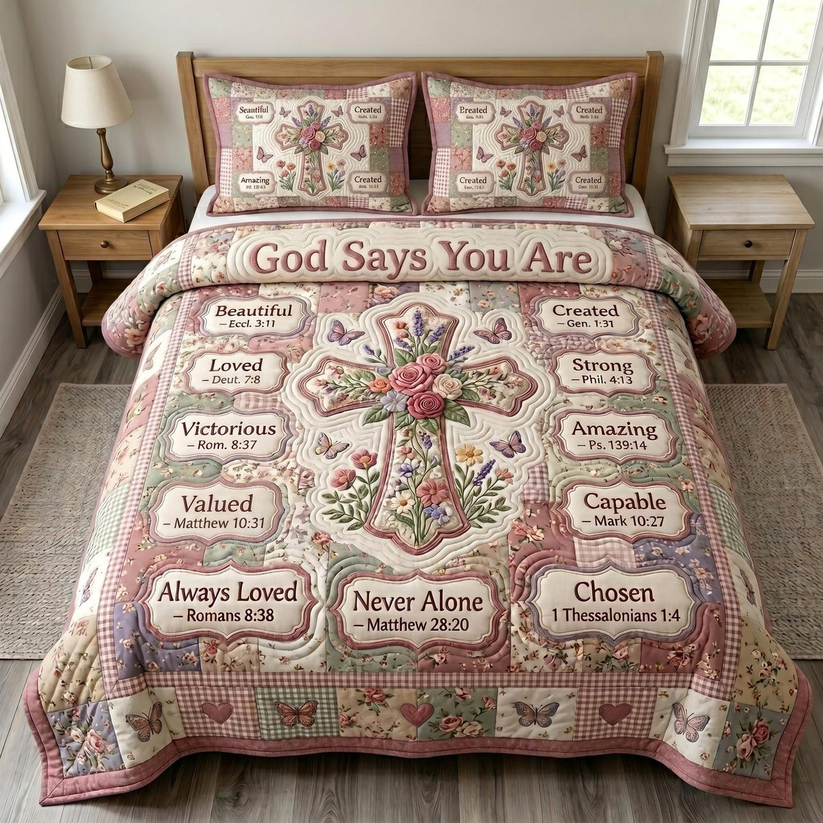 Christian Faith quilted 3-piece bedding set on a made bed in a softly lit bedroom